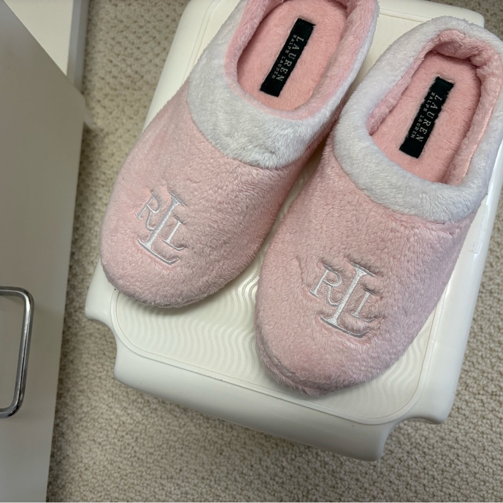 Ralph Lauren Pink and White Slippers, Size L(8-9)